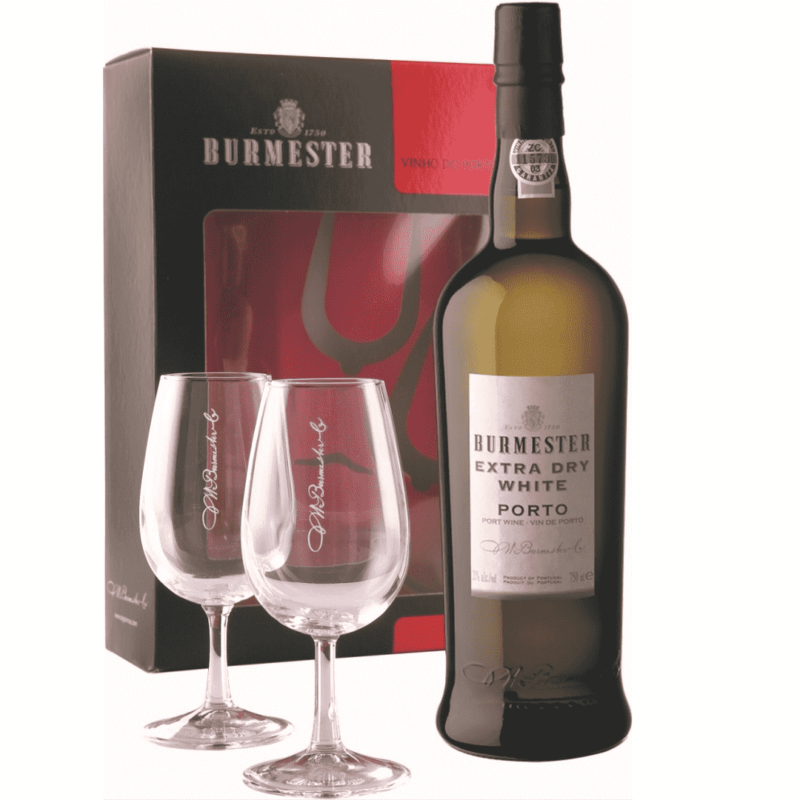 Portské víno Burmester Extra Dry White se 2 skleničkami v dárkovém boxu
