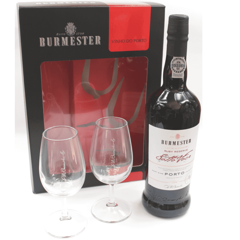 Portské víno Burmester Ruby Reserve Sotto Voce se 2 skleničkami v papírovém boxu